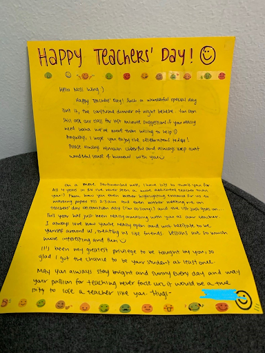 Picture of a Teacher's Day card from a long term secondary student Li Jing