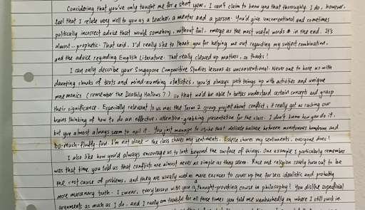 Photo of letter from Social Studies Student Jia Le